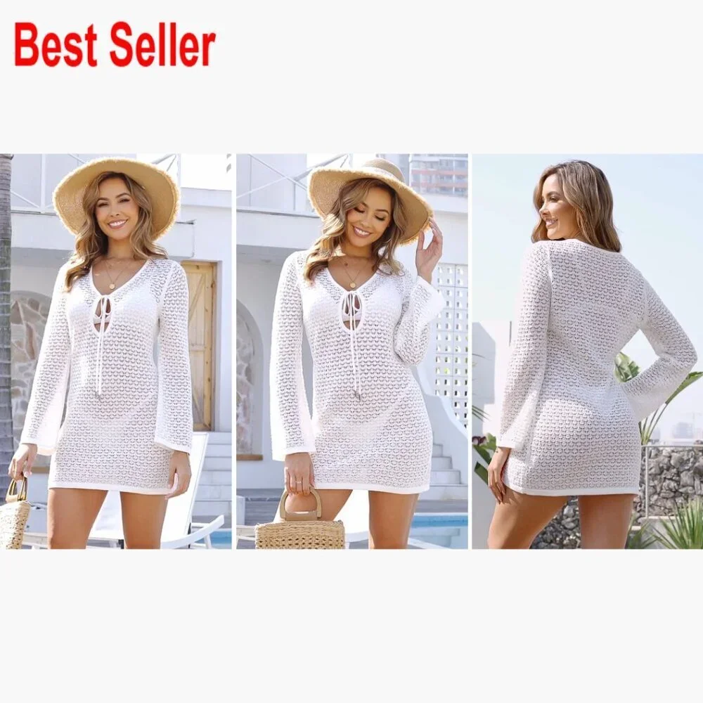 Crochet Mesh Knit Swimsuit Cover Up Dress with V-Neck and Long Sleeves